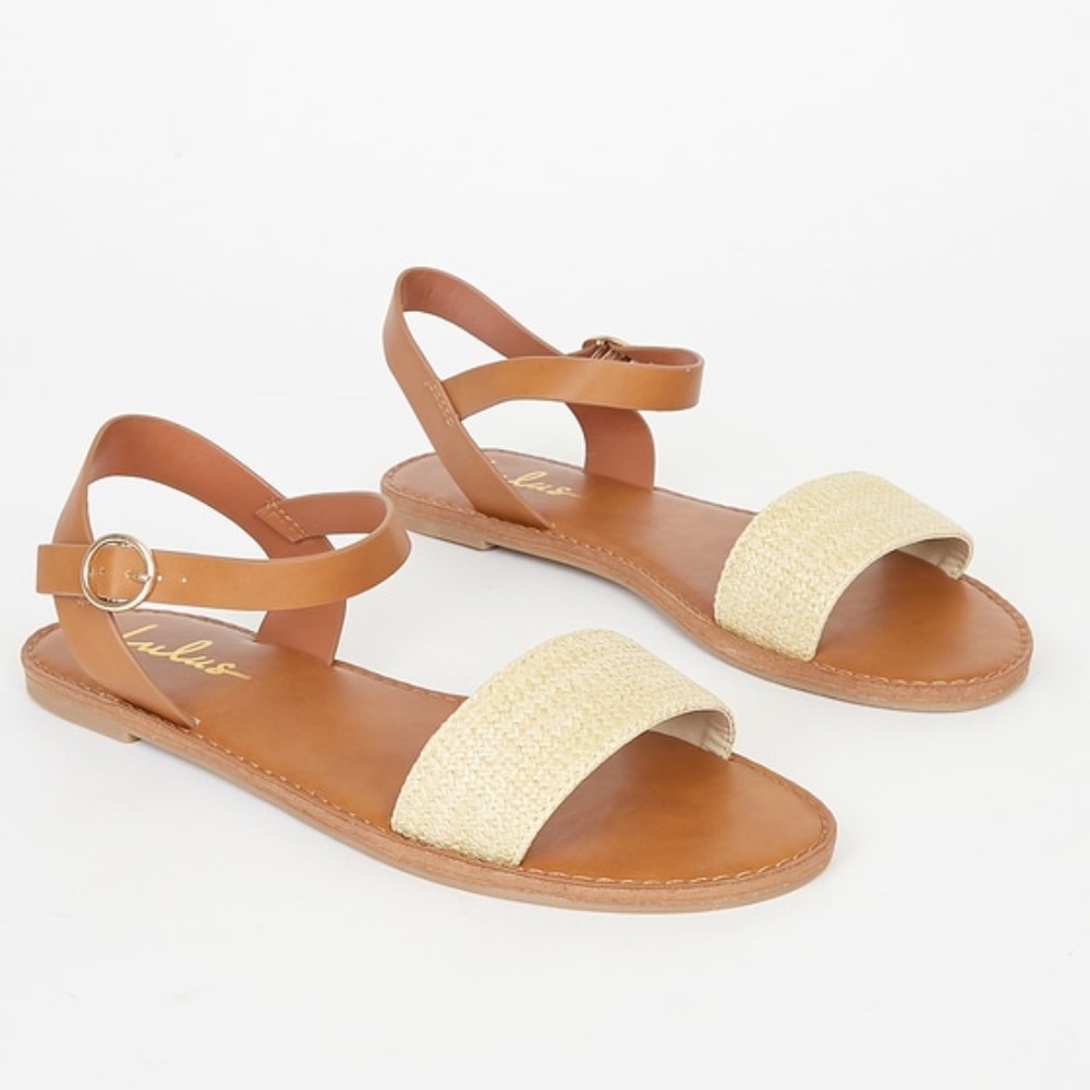 Lulus Hearts And Hashtags Natural Raffia Flat Sandals Beige - Size 8